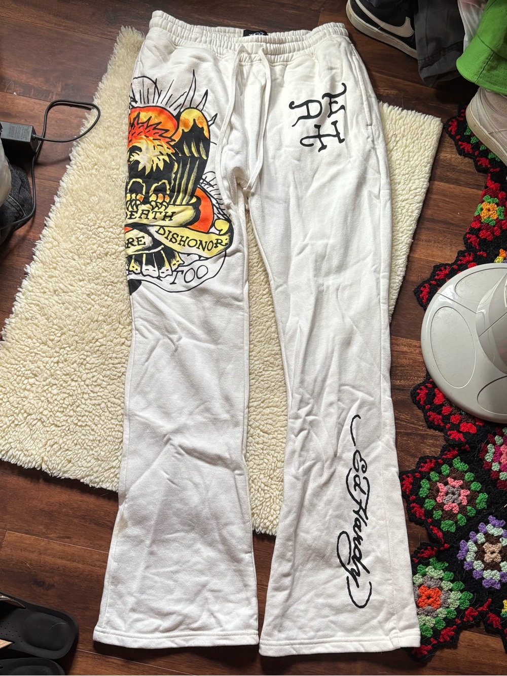 Ed Hardy White Sweatpants with Flame Eagle & Script Graphics